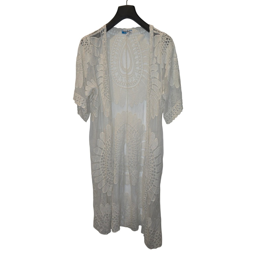 Rebellion Again Ecru Lace Sheer Longline Kimono Duster Cardi M Boho cottagecore